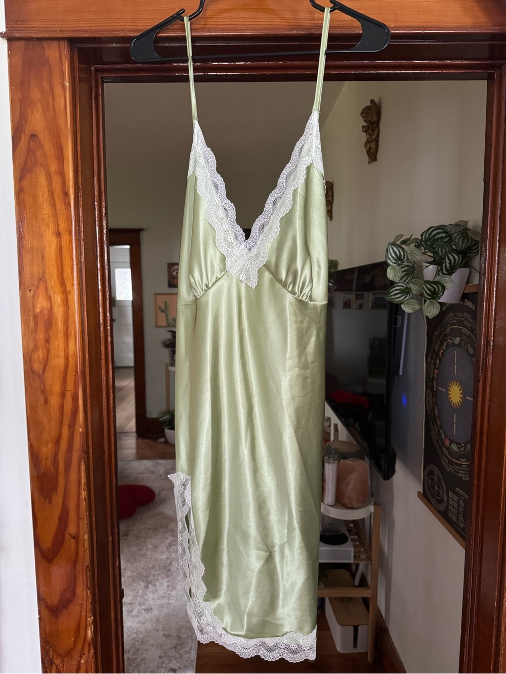 Women's Lace-Trim Satin Slip Dress - Light Green